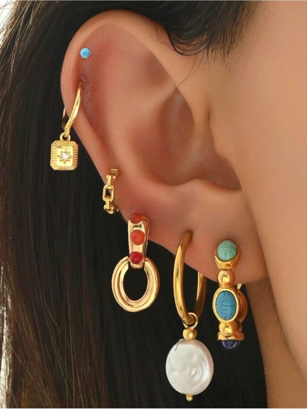 Gold Multi-Stone Hoop and Drop Earrings Set - Turquoise, Coral, Pearl